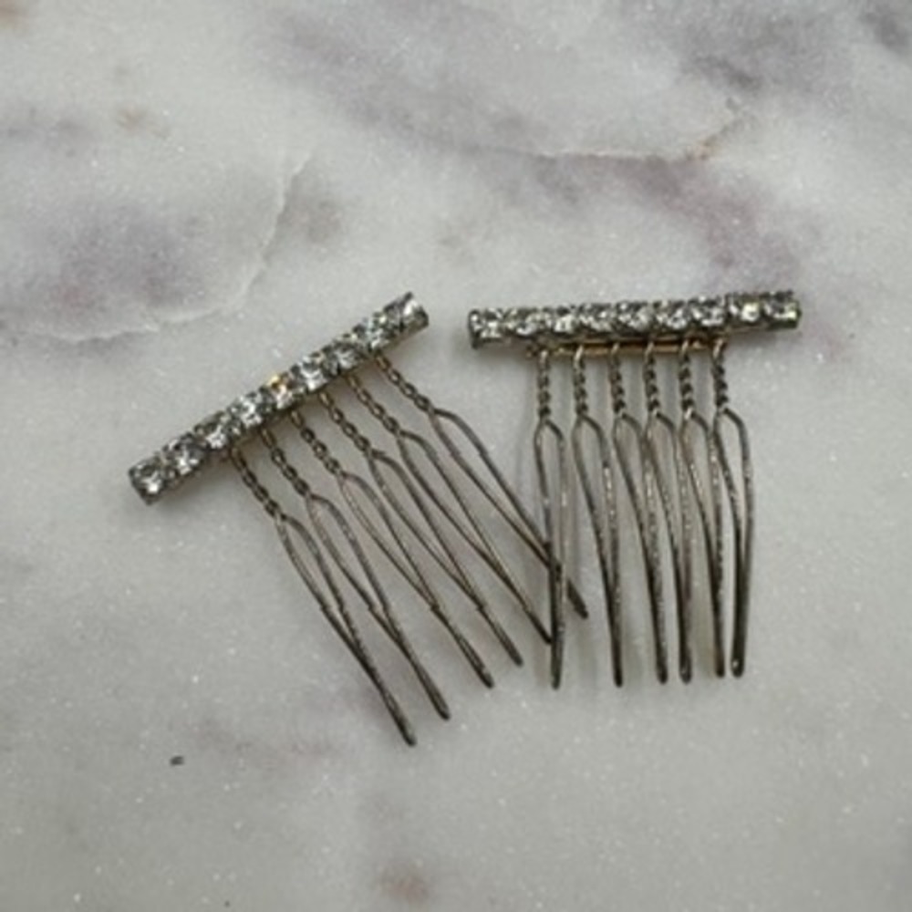 Vintage Silver Tone Clear Rhinestone Hair Side Combs Set of 2 Bridal Art Deco